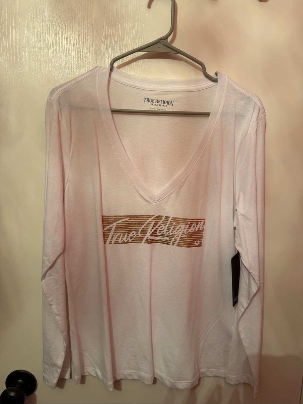 True Religion Women's white V-Neck Logo Long Sleeve Top